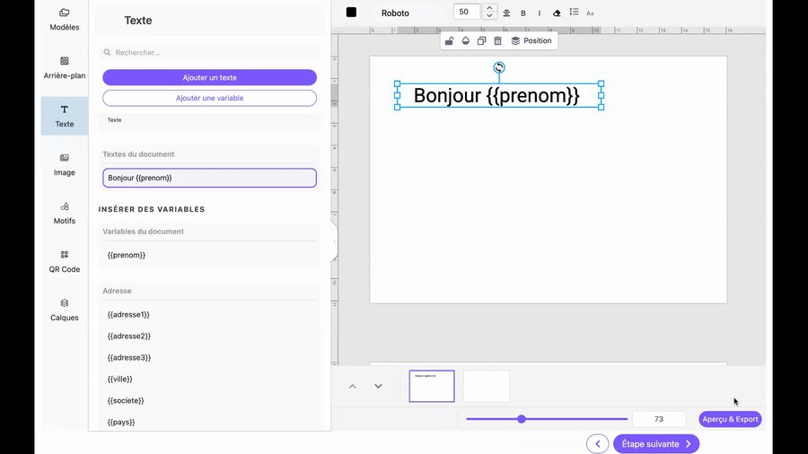 Éditeur montrant le texte Bonjour prenom finalisé sur le canvas, avec les vignettes recto et verso en bas et le bouton Aperçu et Export visible en bas à droite