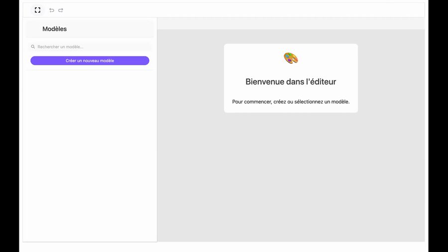 Éditeur de carte postale avec à gauche un panneau Modèles contenant un champ de recherche et un bouton Créer un nouveau modèle, et au centre un message Bienvenue dans l'éditeur invitant à créer ou sélectionner un modèle