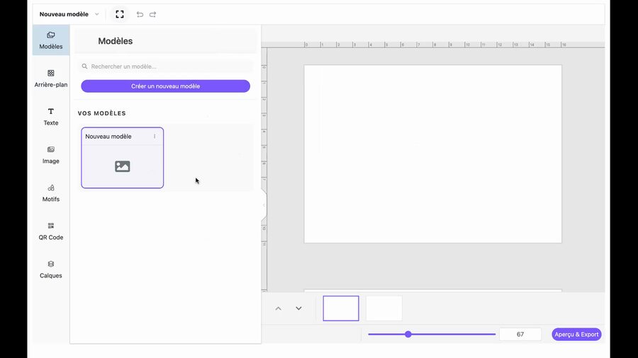 Éditeur avec la barre latérale gauche montrant les onglets Modèles, Arrière-plan, Texte, Image, Motifs, QR Code et Calques, un modèle Nouveau modèle créé visible sous Vos modèles, et le canvas blanc à droite