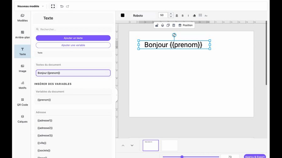 Canvas de l'éditeur affichant le texte Bonjour suivi de la variable prenom entre doubles accolades, avec dans la barre latérale la liste des variables du document comme prenom, adresse1, ville, société