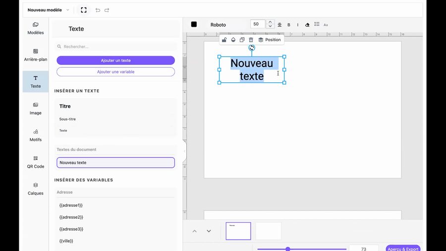 Onglet Texte de l'éditeur montrant les boutons Ajouter un texte et Ajouter une variable, la liste des variables d'adresse disponibles comme adresse1 adresse2 ville, et un bloc texte Nouveau texte sélectionné sur le canvas