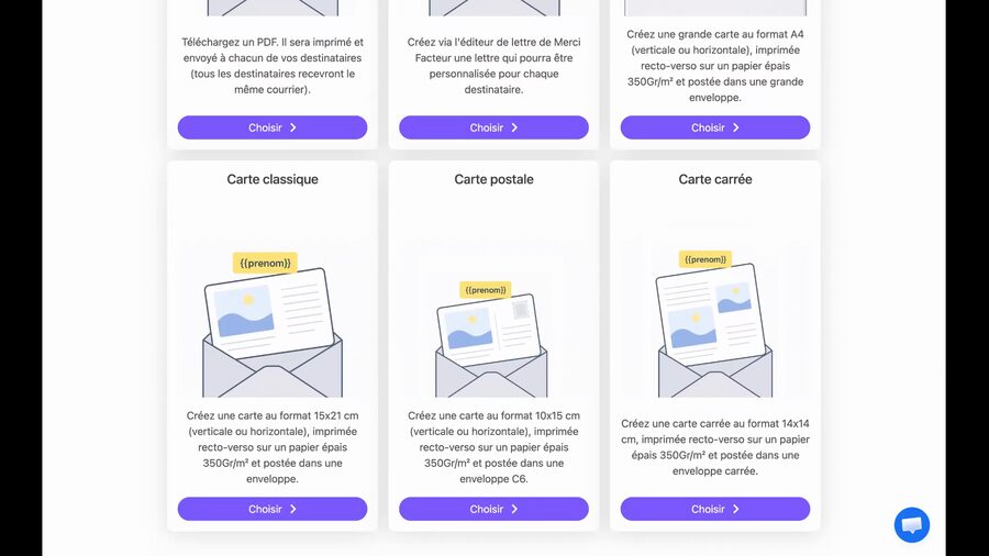 Partie basse de la page de choix du format affichant trois formats de cartes : Carte classique 15x21 cm, Carte postale 10x15 cm et Carte carrée 14x14 cm, toutes en papier épais 350 grammes avec boutons Choisir