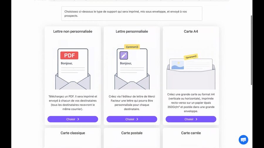 Page de choix du format avec trois options en haut : Lettre non personnalisée avec icône PDF, Lettre personnalisée avec icône éditeur, et Carte A4 avec icône enveloppe, chacune avec un bouton Choisir violet