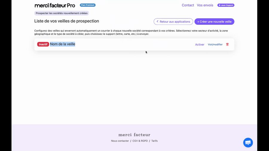 Page Liste de vos veilles de prospection avec une veille affichée, portant un tag rouge Inactif, le nom de la veille, et les boutons Activer, Voir modifier et une icône de suppression