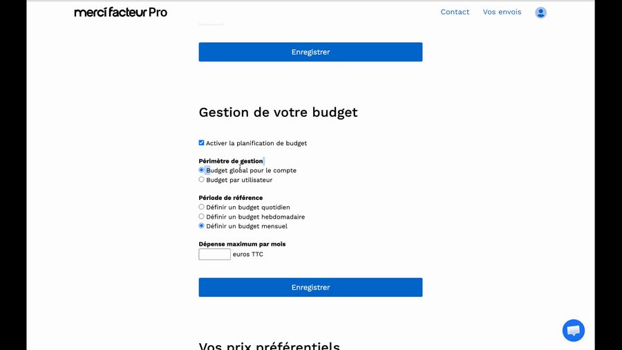 Page Gestion de votre budget avec la checkbox Activer la planification de budget cochée, les options Périmètre de gestion avec Budget global pour le compte sélectionné, Période de référence avec les choix quotidien hebdomadaire et mensuel, et un champ Dépense maximum en euros TTC