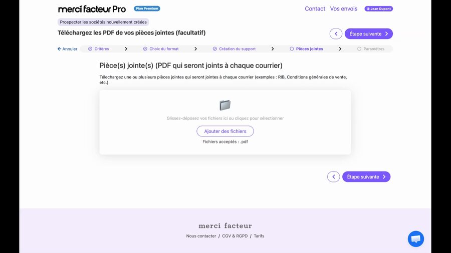 Page Téléchargez les PDF de vos pièces jointes avec la mention facultatif, une zone de glisser-déposer avec le bouton Ajouter des fichiers et la mention Fichiers acceptés pdf, et le bouton Étape suivante