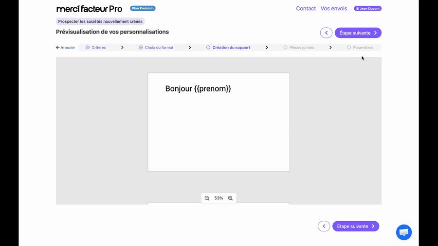 Page de prévisualisation des personnalisations montrant un aperçu de la carte avec le texte Bonjour prenom entre accolades sur fond blanc, un zoom à 53 pour cent et les boutons de navigation