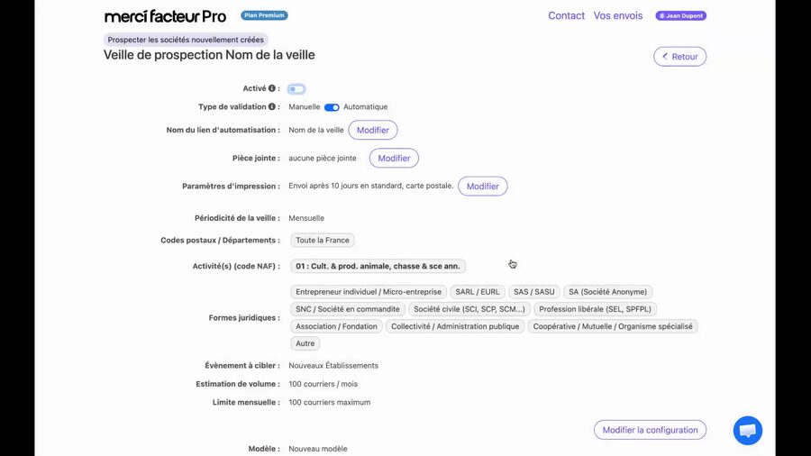 Page récapitulative de la veille affichant tous les paramètres : toggle Activé, Type de validation Automatique, Périodicité Mensuelle, Zone Toute la France, Activité code NAF, Formes juridiques, Événement Nouveaux Établissements, Estimation 100 courriers par mois, et bouton Modifier la configuration