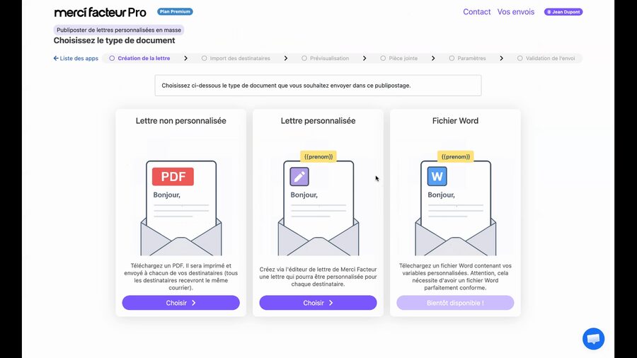 Écran de choix du type de document avec trois options : lettre non personnalisée au format PDF, lettre personnalisée via l'éditeur intégré, et lettre personnalisée via un fichier Word. Chaque option est présentée dans une carte avec une icône et un bouton Choisir.