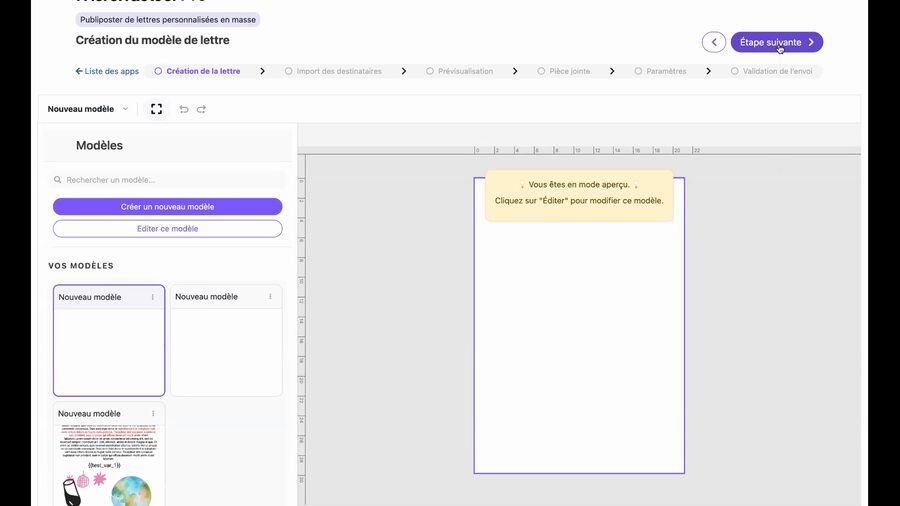 Éditeur de création de modèle de lettre avec un panneau latéral listant les modèles enregistrés à gauche, et une zone de prévisualisation du modèle sélectionné à droite montrant une page A4 avec un bandeau indiquant le mode aperçu.