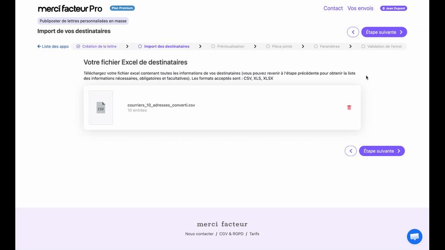 Écran d'import des destinataires après le chargement d'un fichier CSV, affichant le nom du fichier importé avec sa taille et un bouton pour passer à l'étape suivante.