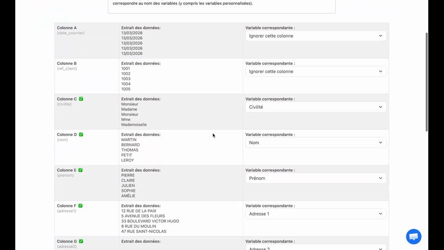 Écran de mappage des colonnes affichant à gauche le nom de chaque colonne du fichier Excel avec un extrait des données, et à droite une liste déroulante permettant de sélectionner la variable correspondante : civilité, nom, prénom, adresse 1, etc.