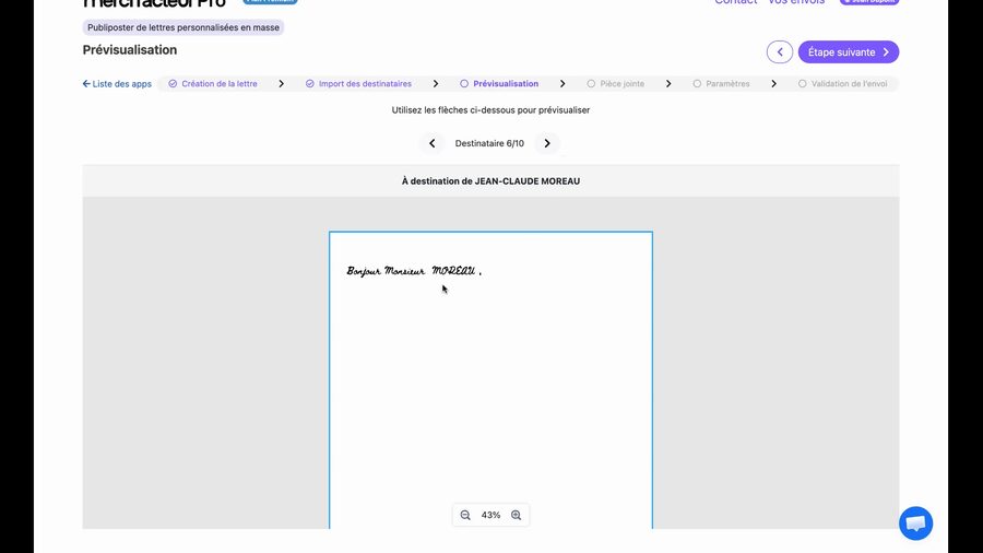 Écran de prévisualisation affichant un courrier personnalisé à destination de Jean-Claude Moreau. La lettre montre le texte avec les variables remplacées par les valeurs du destinataire. Des flèches de navigation permettent de passer au destinataire suivant ou précédent, et des boutons de zoom sont disponibles en bas de l'aperçu.