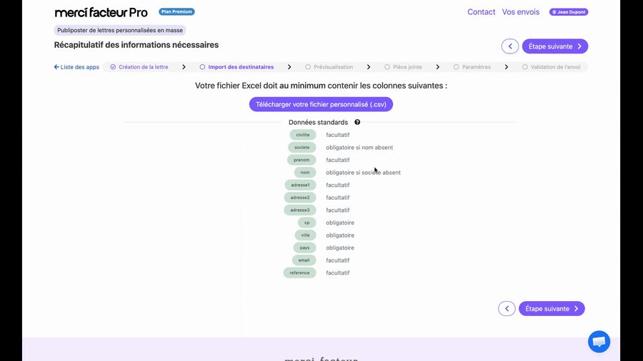 Écran récapitulatif des informations nécessaires montrant la liste des colonnes requises dans le fichier Excel : données standards comme civilité, nom, prénom, adresse, code postal, ville, pays, avec indication du caractère obligatoire ou facultatif de chaque champ. Un bouton permet de télécharger un fichier Excel personnalisé pré-configuré.