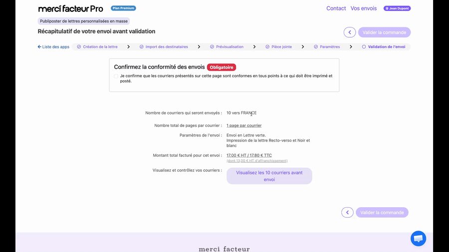 Écran de récapitulatif avant validation affichant : nombre de courriers (10 vers la France), nombre de pages par courrier, paramètres de l'envoi (lettre verte, recto-verso, noir et blanc), montant total facturé HT et TTC, un bouton pour visualiser les courriers avant envoi, une case de confirmation de conformité obligatoire, et le bouton Valider la commande.