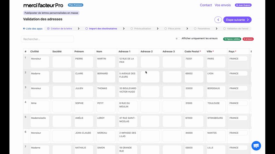 Écran de validation des adresses présentant un tableau avec les colonnes civilité, société, prénom, nom, adresse 1, adresse 2, adresse 3, code postal, ville et pays. En haut, un champ de recherche et un bouton pour afficher uniquement les erreurs. Deux indicateurs montrent 10 lignes valides en vert et 0 erreur en rouge.