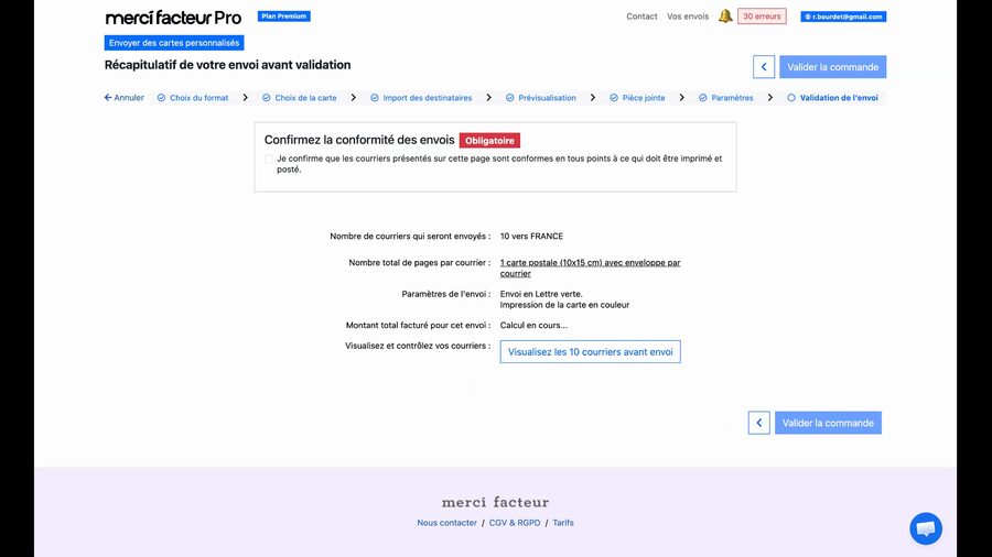 Page de récapitulatif de l'envoi avant validation affichant 10 courriers vers la France, une carte postale par courrier, un envoi en Lettre verte, une case à cocher obligatoire de conformité et un bouton Valider la commande