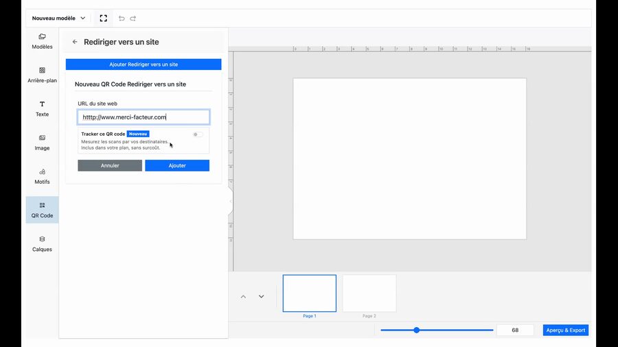 Formulaire Nouveau QR Code Rediriger vers un site avec un champ URL du site web rempli, l'option Tracker ce QR code marquée Nouveau avec son interrupteur désactivé, et les boutons Annuler et Ajouter