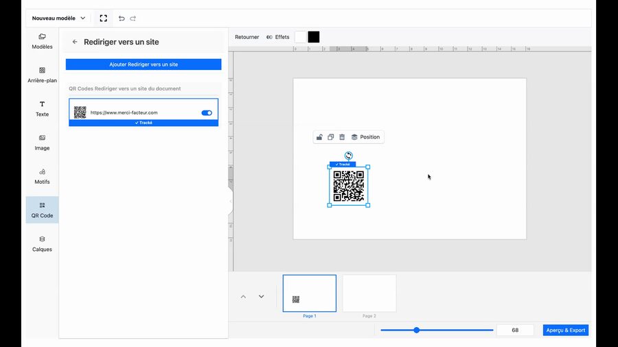 Éditeur avec un QR code placé sur le courrier, surmonté d'une étiquette Tracké, et dans le panneau de gauche la liste affichant l'URL, un interrupteur activé et le badge Tracké