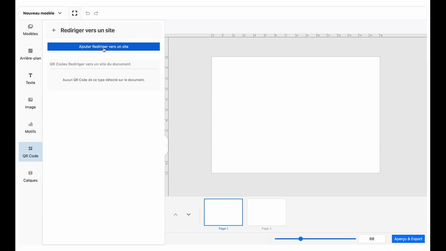 Panneau Rediriger vers un site dans l'éditeur, avec un bouton bleu Ajouter Rediriger vers un site et le message Aucun QR Code de ce type détecté sur le document