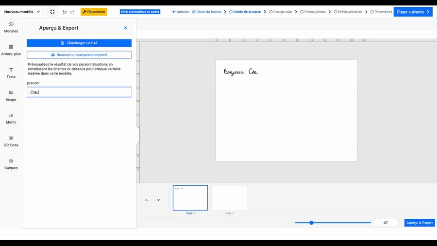 Panneau « Aperçu et Export » ouvert avec les boutons « Télécharger un BAT » et « Recevoir un exemplaire imprimé », et un champ de prévisualisation du prénom