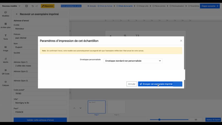 Fenêtre de confirmation d'envoi avec le sélecteur d'enveloppe et le bouton « Envoyer cet exemplaire imprimé »