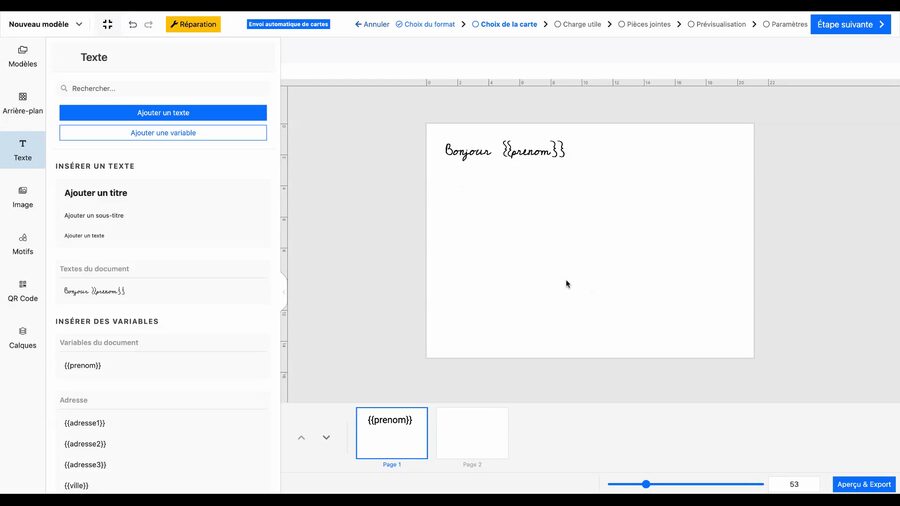 Éditeur Merci Facteur affichant une carte en cours de création avec le texte « Bonjour prénom » et le panneau d'insertion de texte et de variables ouvert à gauche