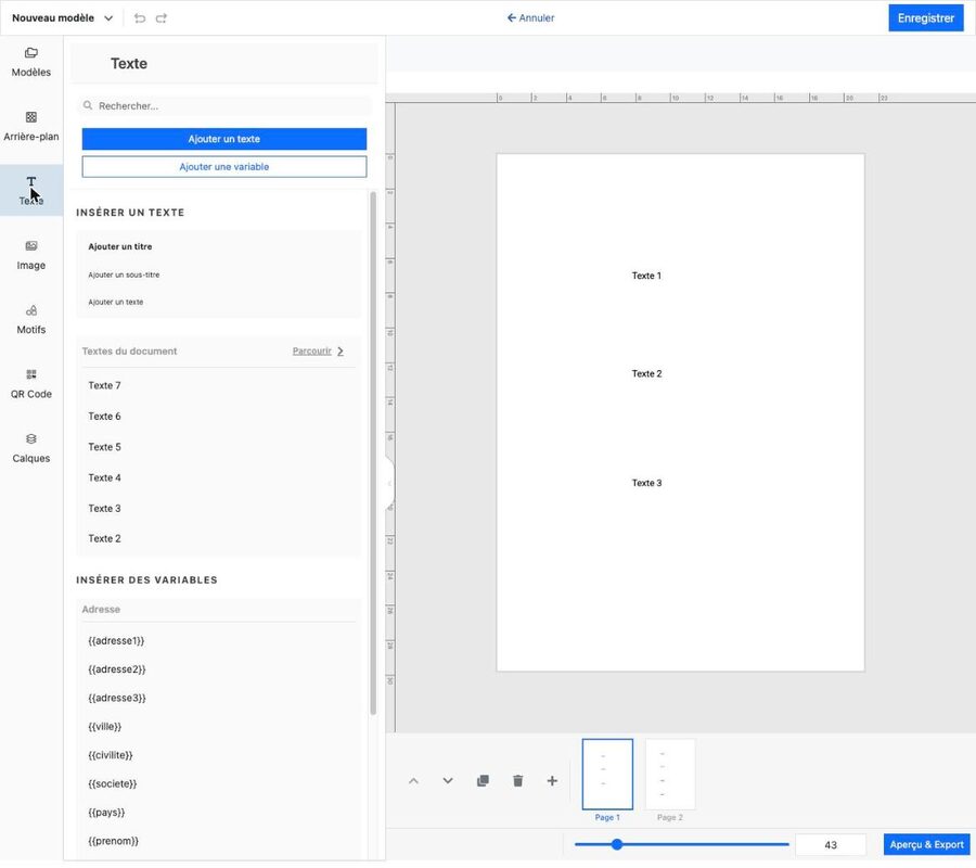 Panneau Texte ouvert sans sélection, avec les boutons Ajouter un titre, Ajouter un sous-titre, Ajouter un texte et la liste des textes du document
