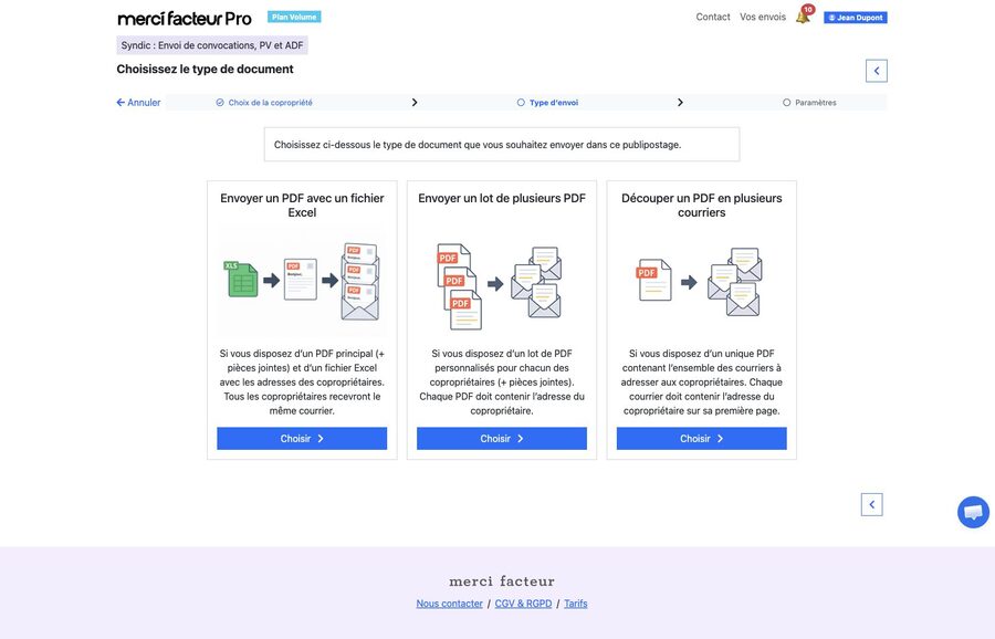 Écran présentant les trois types d'envoi : PDF commun avec fichier Excel, lot de PDF individuels, PDF unique à découper