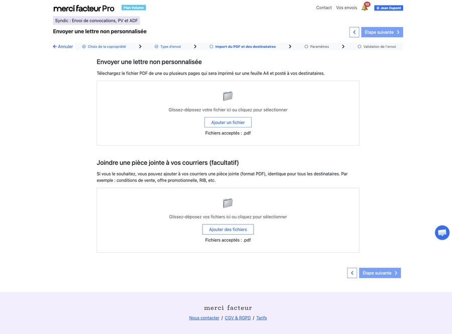 Écran d'import du PDF principal et des pièces jointes communes