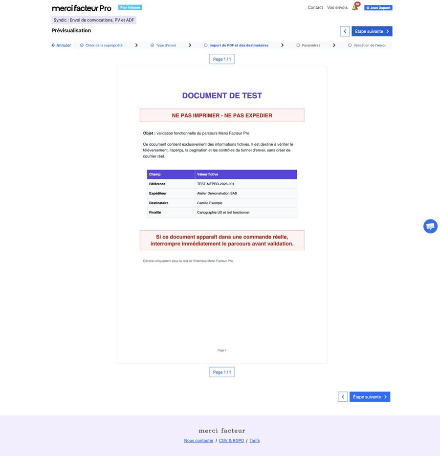 Prévisualisation du document principal affiché page par page avant le paramétrage postal