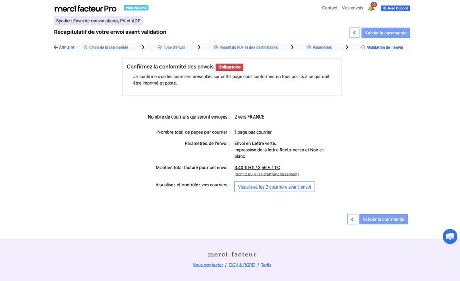Récapitulatif avant commande avec nombre de courriers, tarifs HT et TTC, affranchissement et bouton Valider la commande