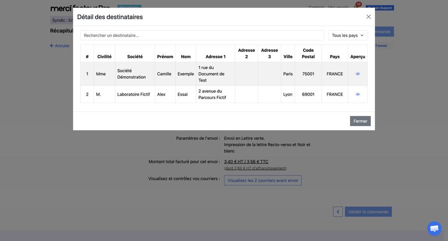 Liste détaillée des courriers générés avec recherche, filtre par pays et accès à l'aperçu individuel