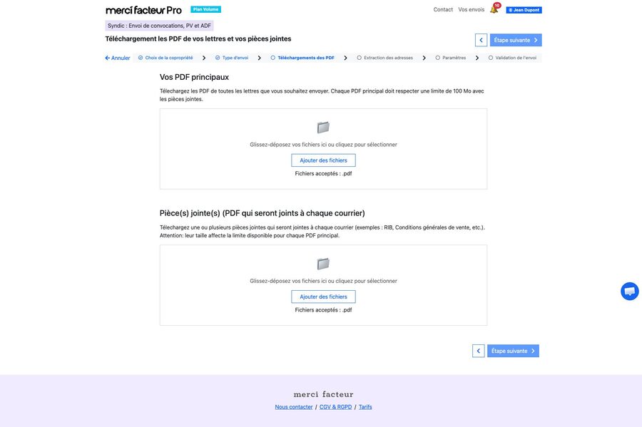 Écran d'import d'un lot de PDF individuels avec zone des PDF principaux et zone des pièces jointes communes