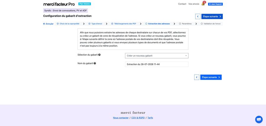 Choix du gabarit d'extraction des adresses : créer un nouveau gabarit ou réutiliser un gabarit existant