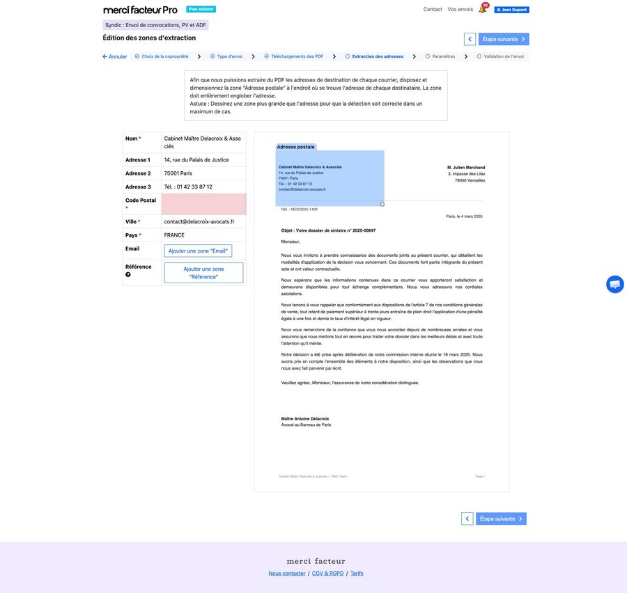 Édition de la zone d'extraction : cadre Adresse postale déplaçable et redimensionnable sur l'aperçu du PDF