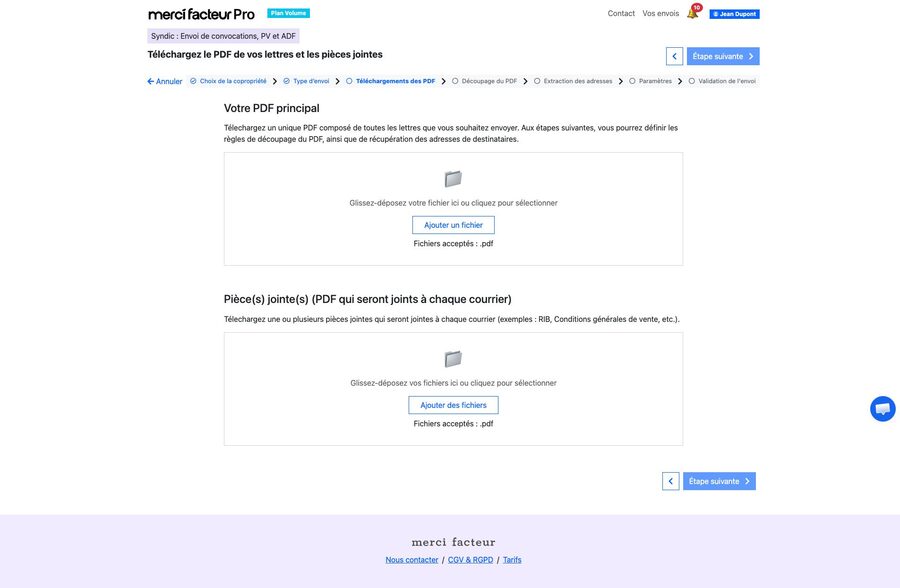 Écran d'import d'un PDF unique à découper avec ses pièces jointes communes