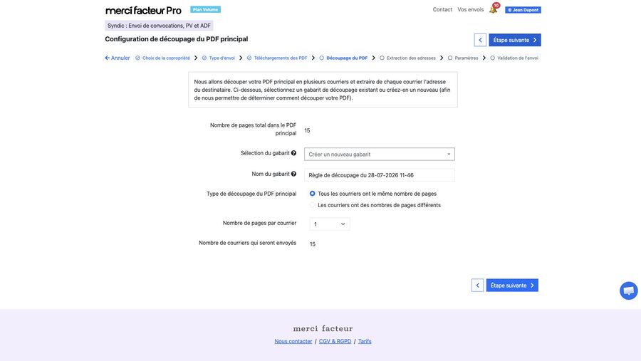 Configuration des règles de découpage avec choix du nombre de pages par courrier et calcul du nombre de courriers