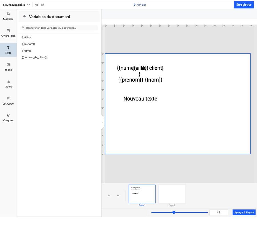 Vue Variables du document ouverte via le lien Parcourir, avec un champ de recherche et la liste complète des variables