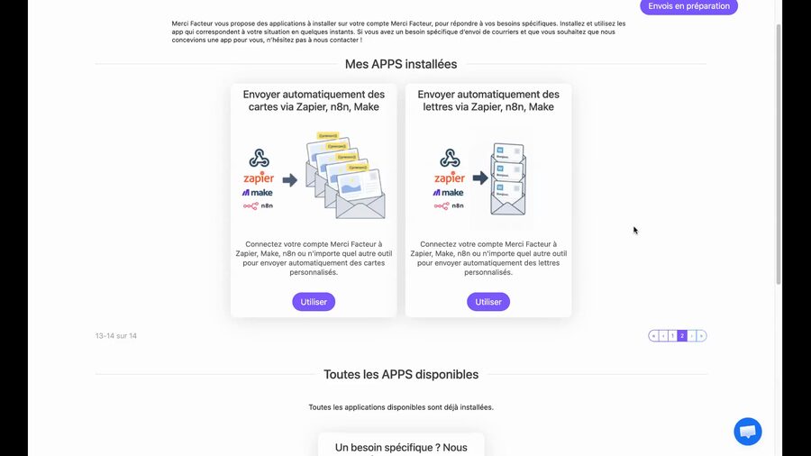 Page Mes APPS installées de Merci Facteur Pro affichant deux applications : l'envoi automatique de cartes et l'envoi automatique de lettres, chacune avec un bouton Utiliser violet