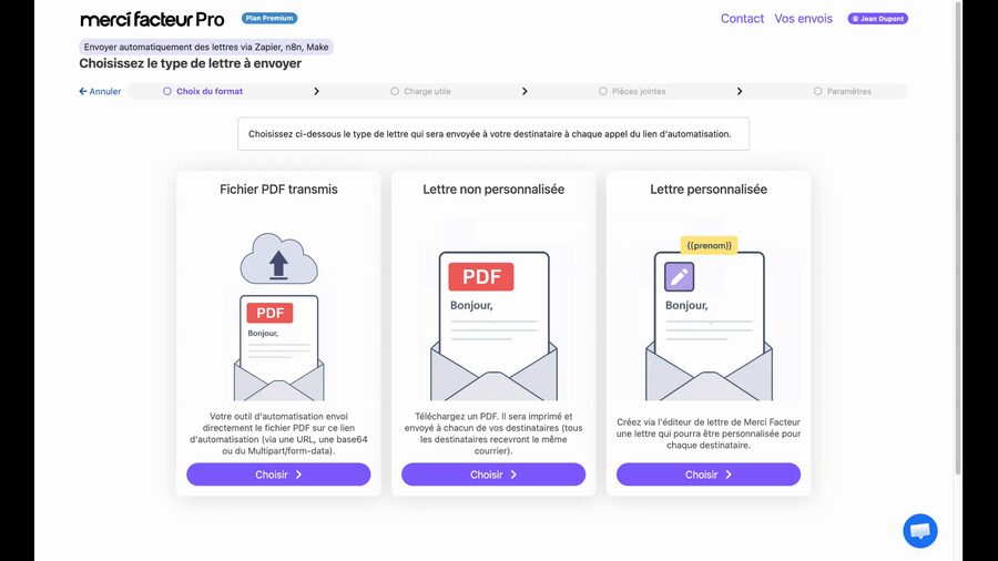 Écran de choix du type de lettre avec trois cartes : Fichier PDF transmis avec icône cloud et upload, Lettre non personnalisée avec icône PDF, et Lettre personnalisée avec icône éditeur et variables