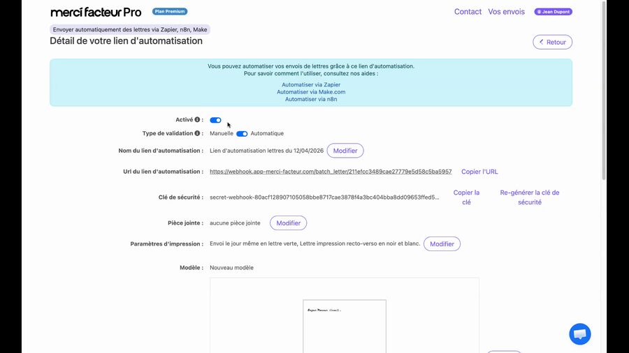 Page de détail du lien d'automatisation créé affichant un toggle d'activation, le choix entre validation manuelle et automatique, le nom du lien, l'URL du webhook avec bouton Copier, la clé de sécurité avec boutons Copier et Régénérer, les paramètres d'impression et la preview du modèle