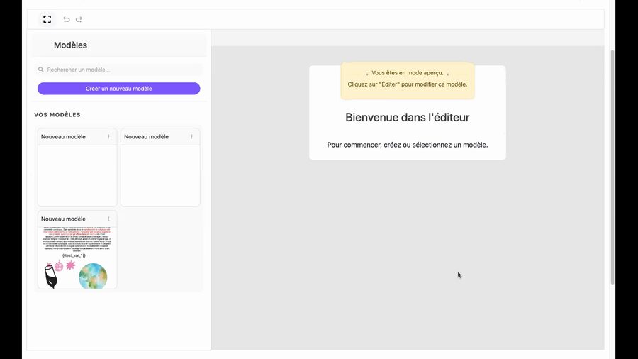 Éditeur de lettre Merci Facteur avec un panneau latéral gauche affichant la liste des modèles disponibles, un bouton Créer un nouveau modèle, et la zone centrale avec le message Bienvenue dans l'éditeur