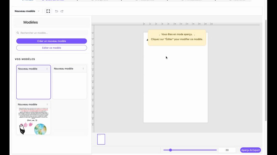 Éditeur avec un modèle sélectionné affichant la prévisualisation de la lettre en mode aperçu, un slider de zoom en bas, et le bouton Éditer ce modèle dans le panneau gauche