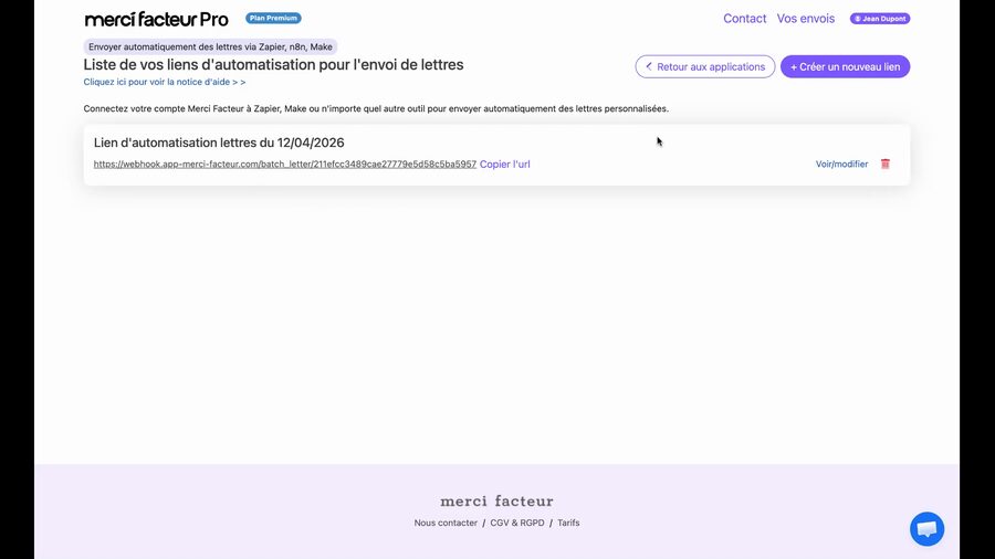 Page liste des liens d'automatisation affichant un lien créé avec son URL, un bouton Copier l'url, des liens Voir/modifier et supprimer, et un bouton Créer un nouveau lien en haut