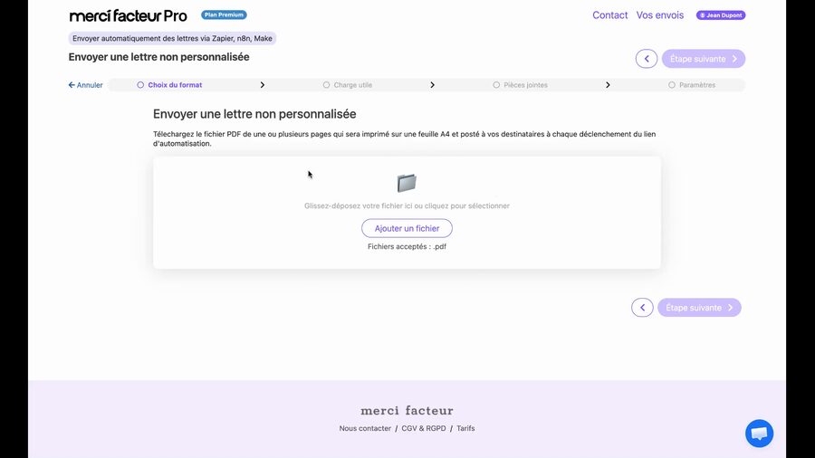Écran d'upload pour une lettre non personnalisée avec une zone de glisser-déposer et un bouton Ajouter un fichier, fichiers acceptés PDF uniquement