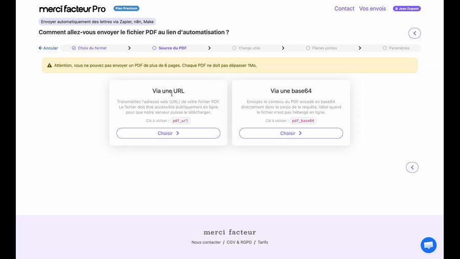 Écran de choix du mode de transmission du PDF avec deux options : Via une URL avec la clé pdf_url et Via une base64 avec la clé pdf_base64, et un bandeau d'avertissement indiquant la limite de 6 pages et 1 Mo