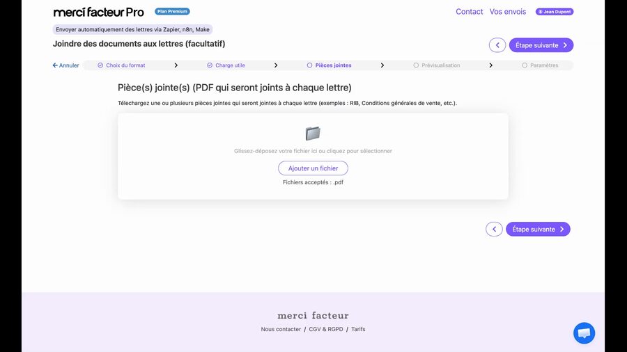 Écran Joindre des documents aux lettres avec une zone d'upload pour les pièces jointes PDF, indiquant des exemples comme RIB ou Conditions générales de vente