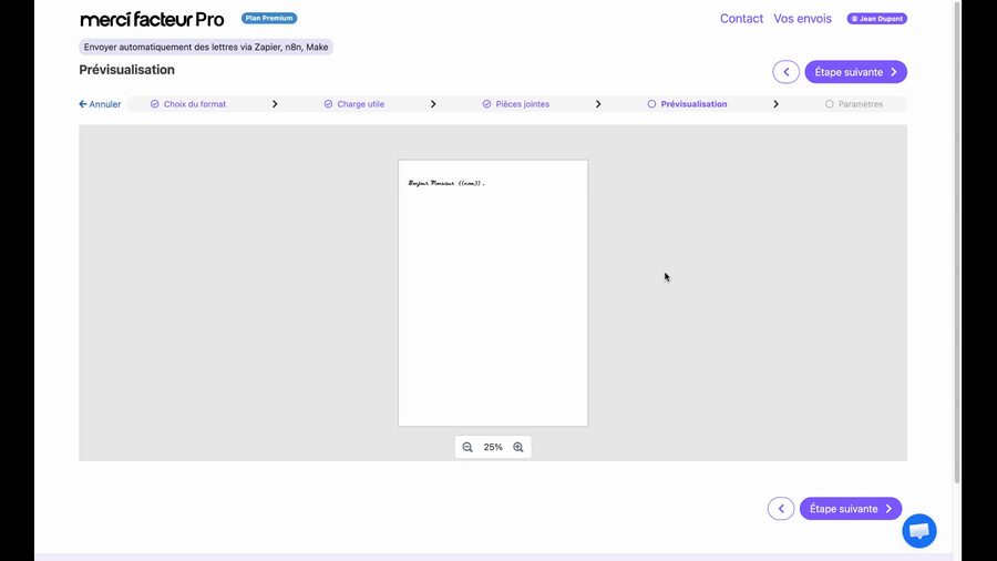 Écran de prévisualisation affichant un aperçu de la lettre sur fond gris avec le texte Bonjour Monsieur nom, des contrôles de zoom en bas, et un bouton Étape suivante