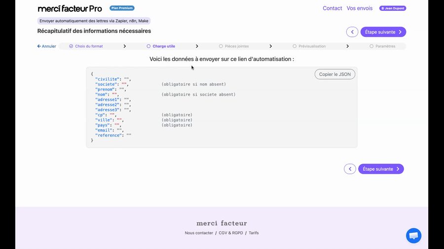 Écran Récapitulatif des informations nécessaires affichant un bloc JSON avec coloration syntaxique contenant les champs civilite, nom, societe, adresse, codepostal, ville et pays, avec un bouton Copier le JSON